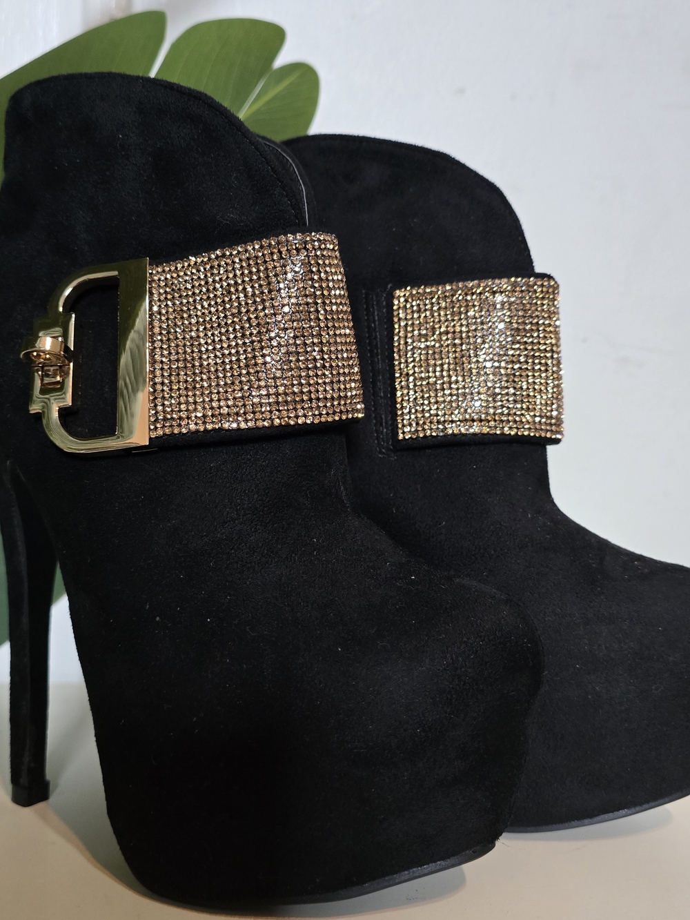 Black Suede Platform Ankle Boots with Gold Crystal Buckle